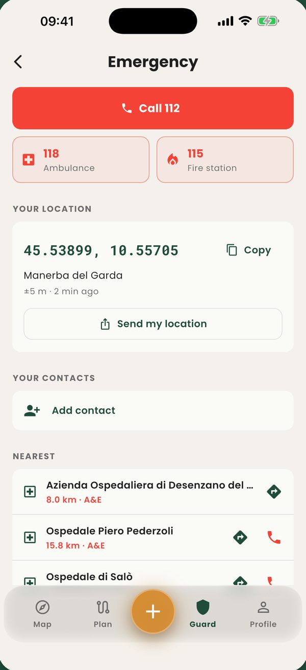 Emergency screen with useful numbers and nearby hospitals